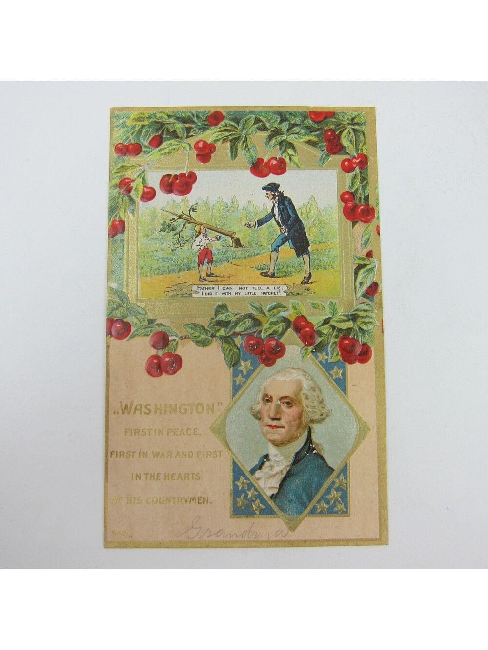 Postcard George Washington Portrait & Boy Cherry Tree Patriotic Embossed Antique